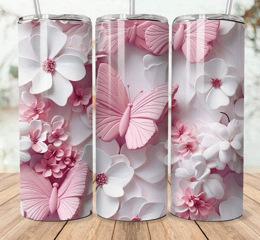 Pink & White Butterfly Tumbler